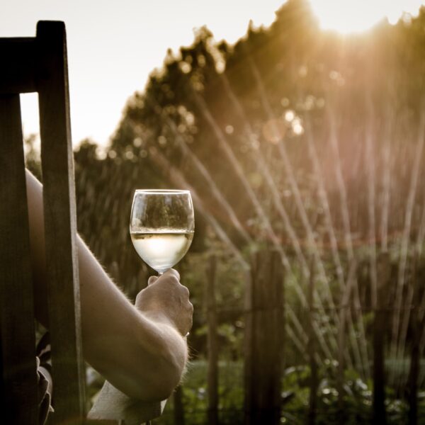 Person sitting outside with a glass of wine