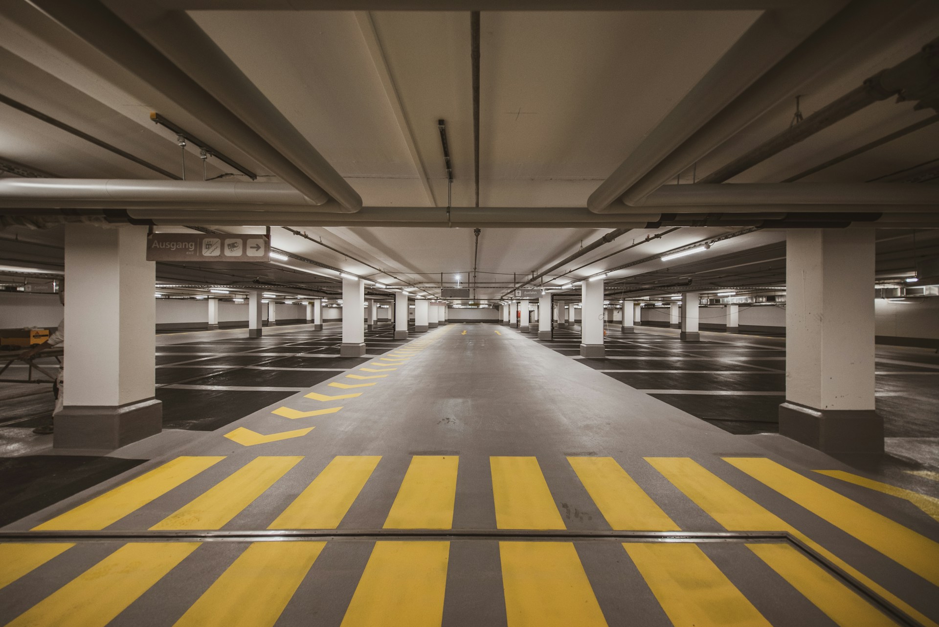 Car park with yellow markings on the ground